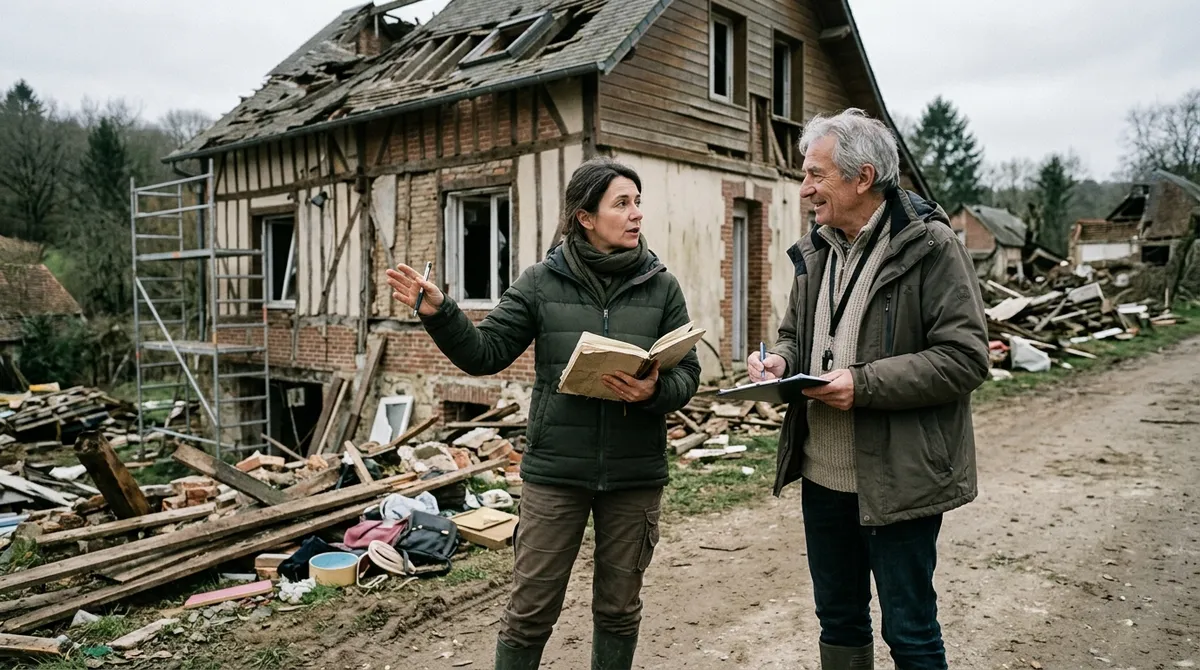 Deux experts en discussion devant une maison endommagée lors d'une expertise contradictoire
