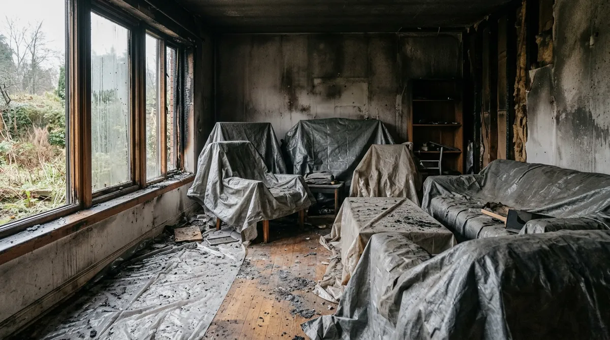 Intérieur d'une pièce après incendie, mobilier bâché, inventaire en cours