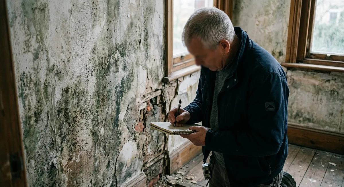 Expert prenant des notes devant un mur endommagé