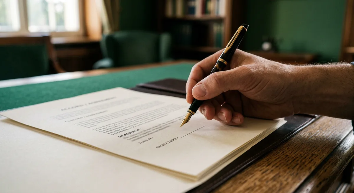 Main hésitant à signer un document avec un stylo