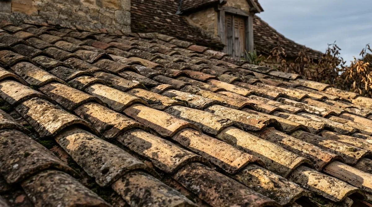Détail de toiture ancienne, texture matérielle