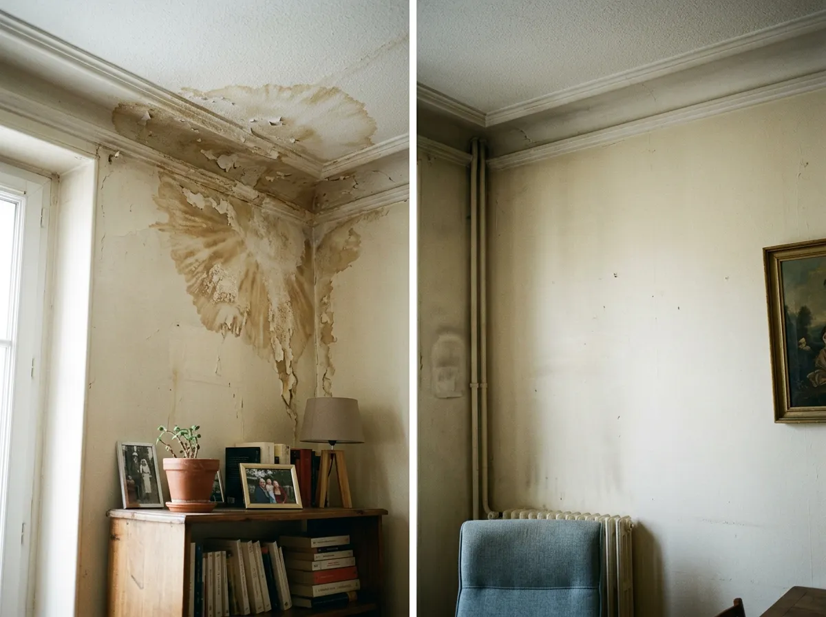Plafond marqué par un dégât des eaux dans un salon
