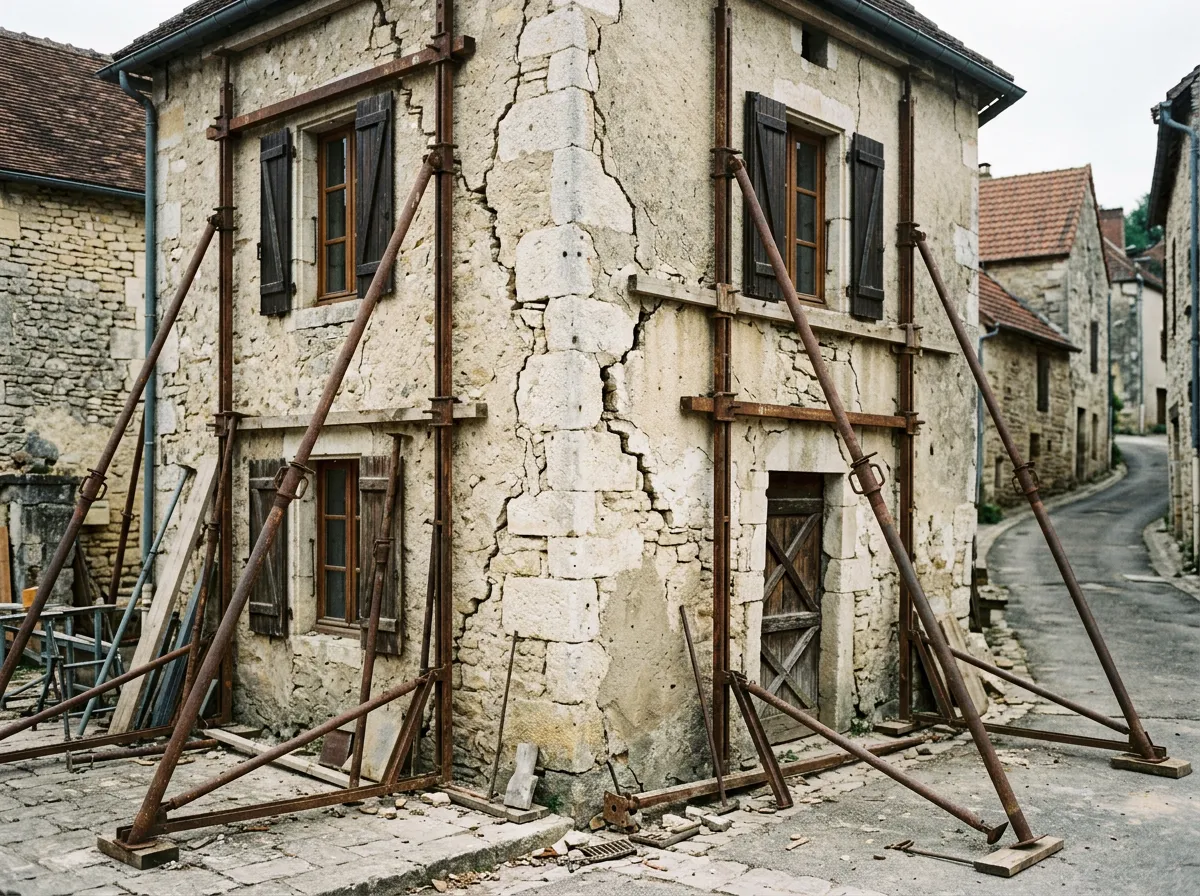 Mur pignon d'une maison étayé par des étais de chantier