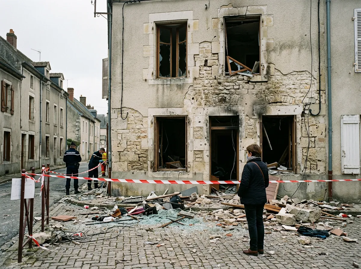 Façade de maison soufflée après une explosion, fenêtres béantes
