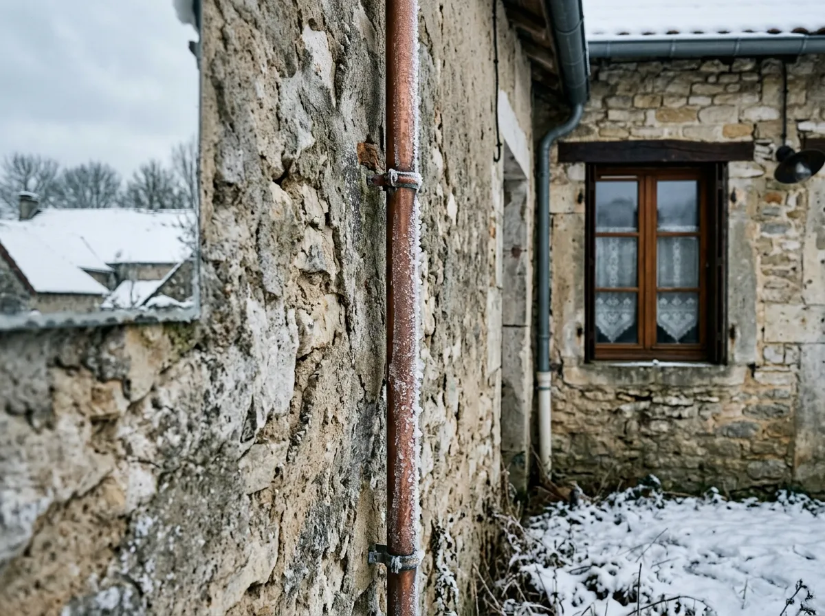 Canalisation extérieure gelée le long d'un mur de maison