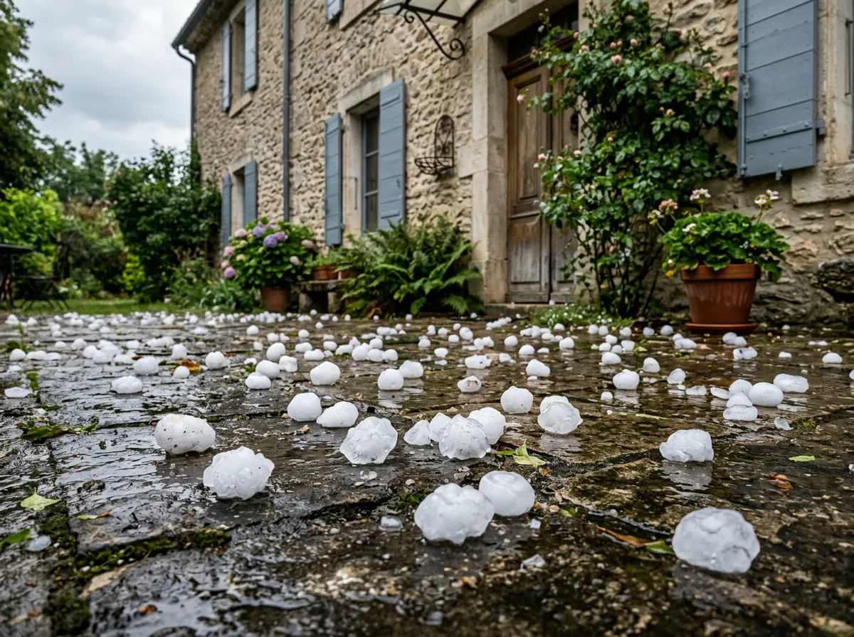 Grêlons au sol devant une maison après un orage