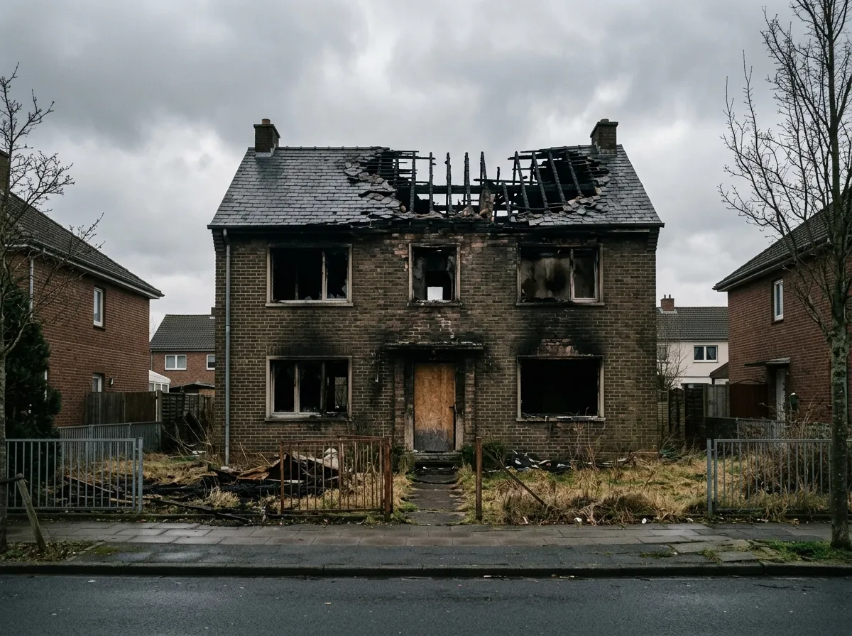 Maison marquée par un incendie, vue depuis la rue