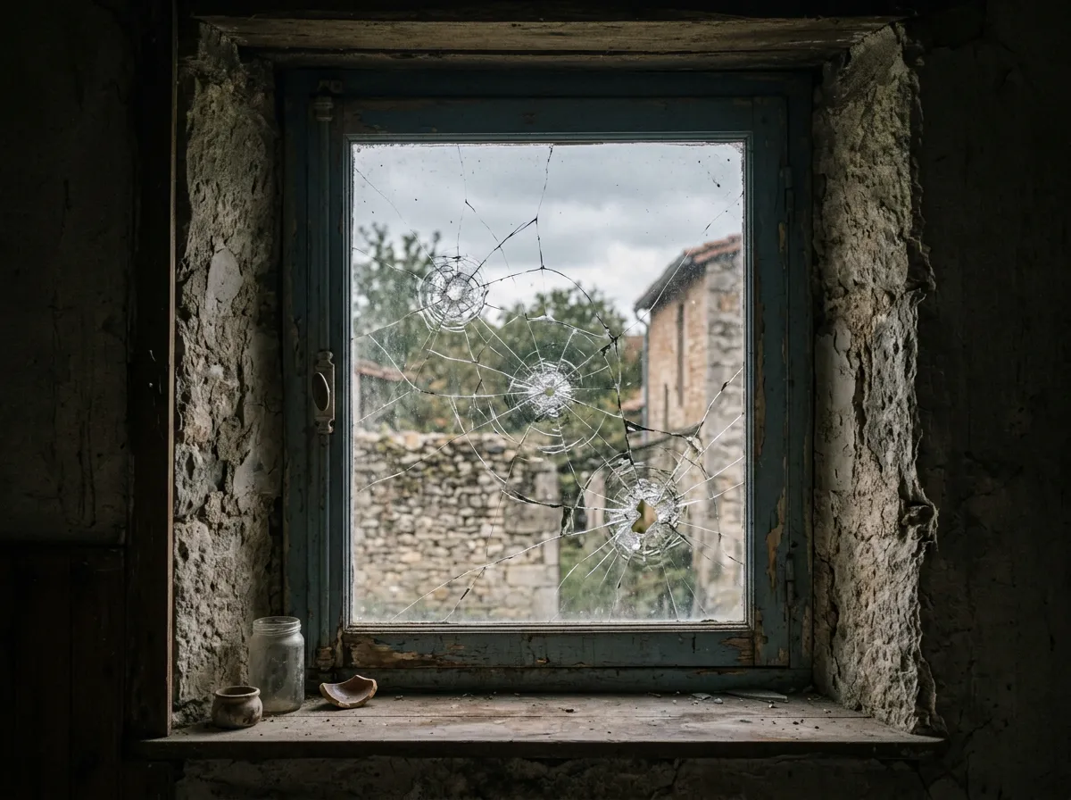 Vitrine ou fenêtre brisée avec impacts, intérieur visible